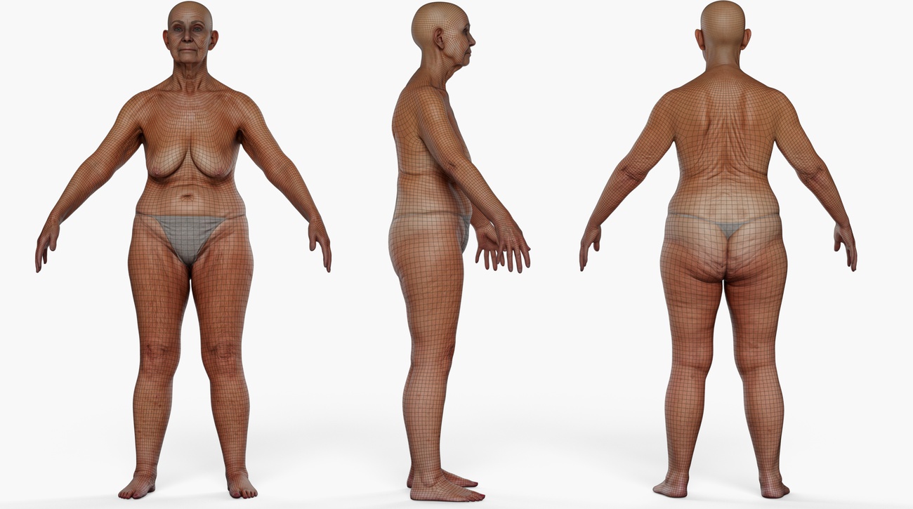 Wireframe topology overlay of a fuller-figured older female 3D body scan showing quad mesh edge loops